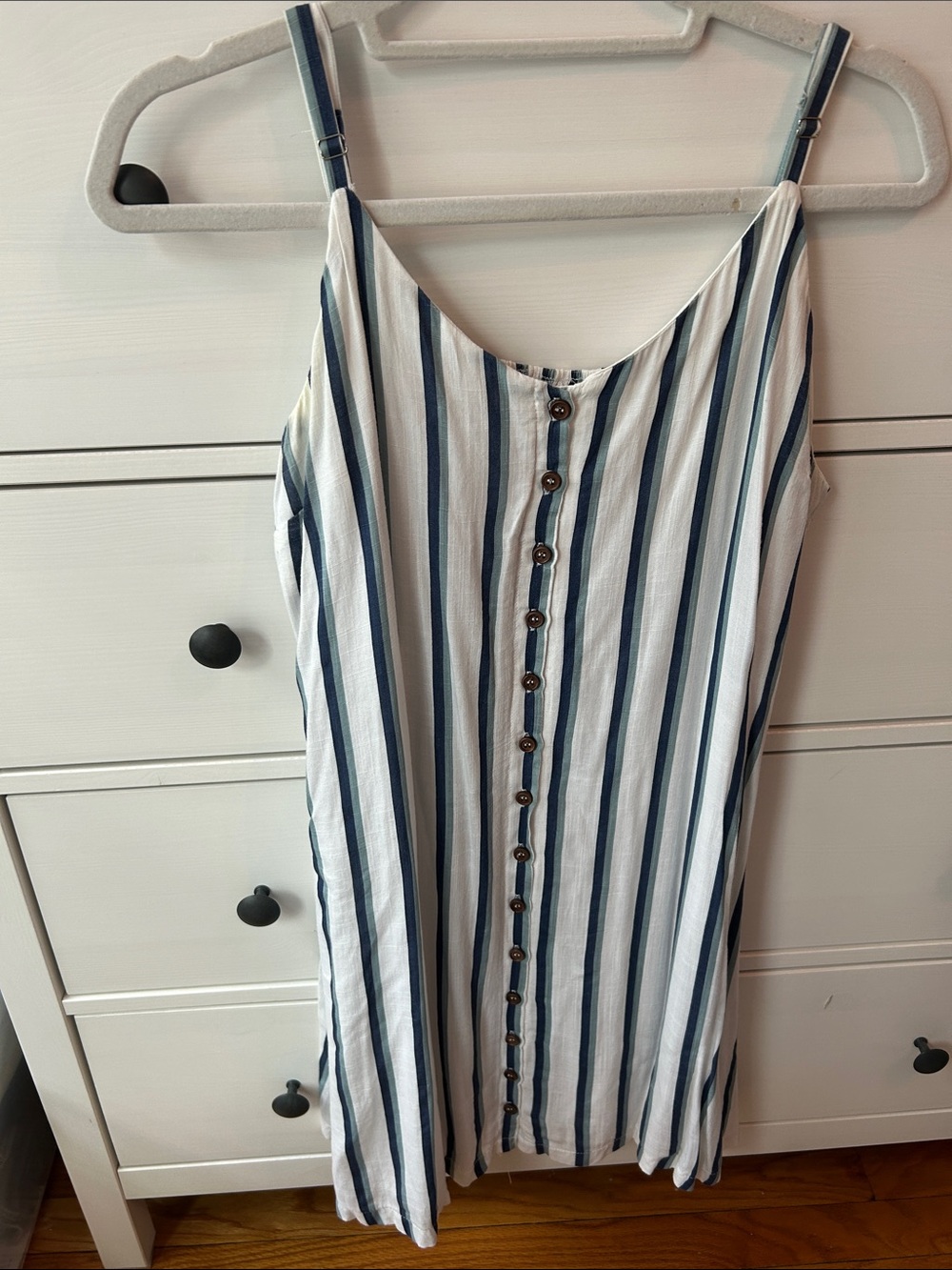 Staccato White and Blue Striped Midi Dress with Button Front